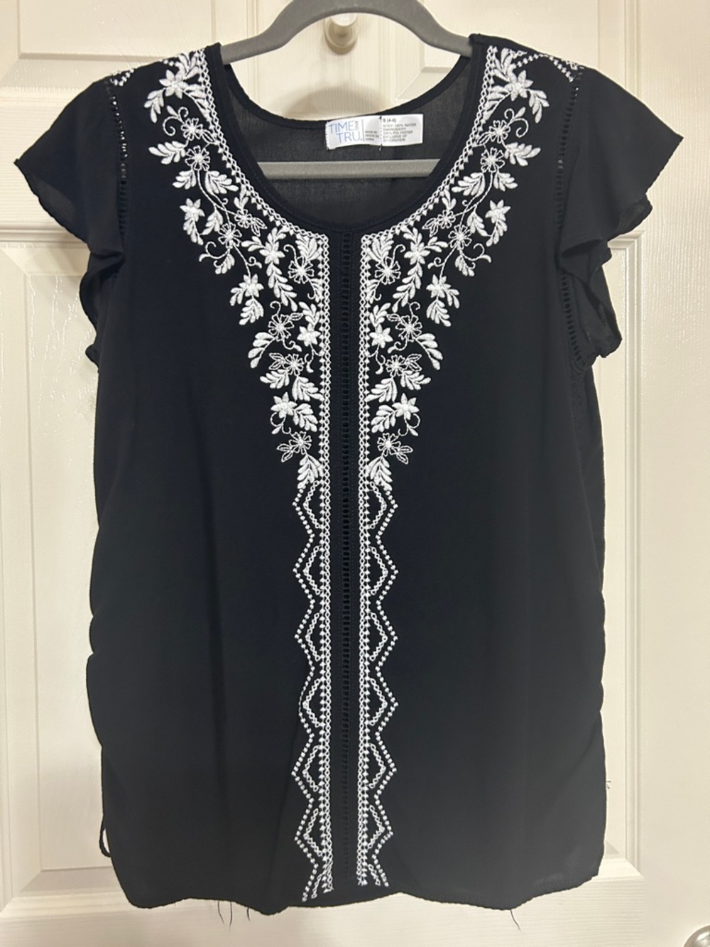 Time and Tru Black Embroidered Top with Ivory Floral Embroidery Flutter Sleeves